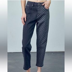 Insane Oene‎ Womens 27 Contrast Checkered Mom Jeans Black Cotton Grunge Denim